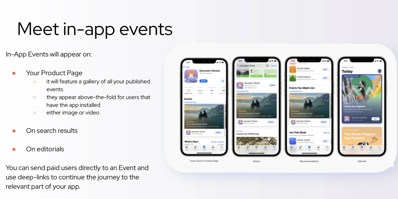 In-app events will appear on product page, search results, editorials in the App Store.